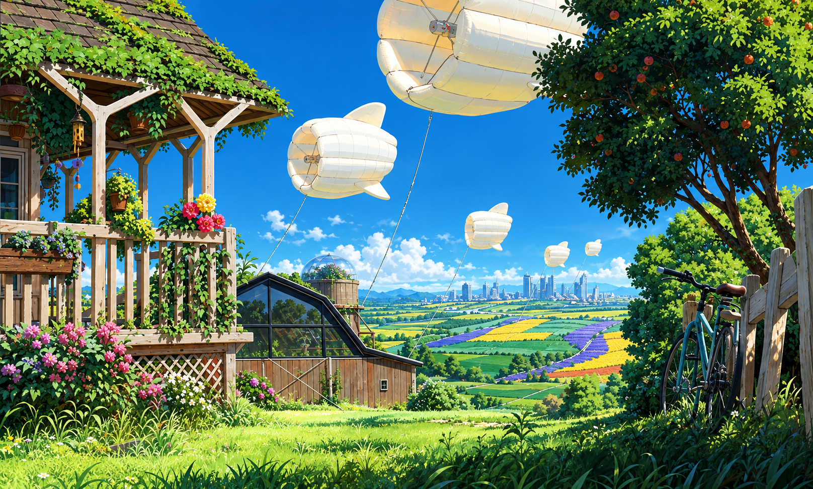 Solarpunk cartoon cityscape